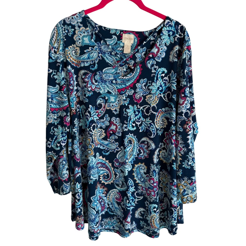 CHICO'S  3/4 Sleeve Blue Pink Paisley Criss Cross Neckline Ladies Top, XL‎